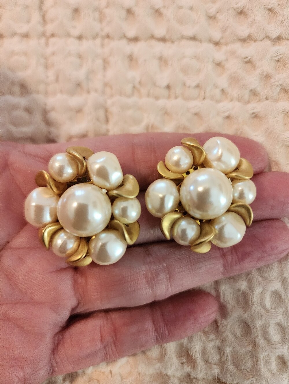 Vintage Pierced Pearl & Gold Cluster Flower Earrings Victorian Quarter Size